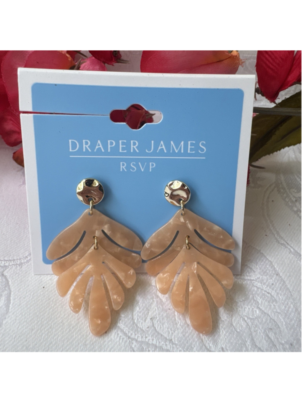 Draper James Dainty Dangle 1 3/4" Earrings Pink Peach GoldTone Leaf Flower NEW